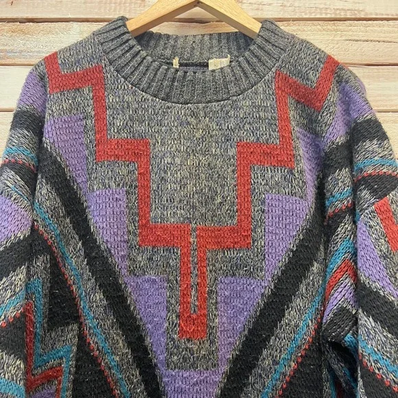 Vintage 90s Grandpa Sweater Southwestern Geometric Knit Oversized USA Made XL